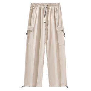Men's ice silk lightweight loose cargo pants in beige with drawstring elastic waist