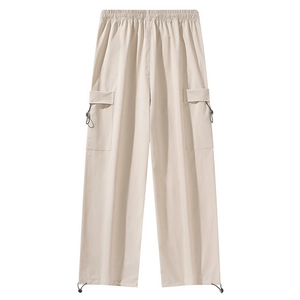Men's loose ice silk cargo pants in beige with elastic waist and adjustable drawstring hem