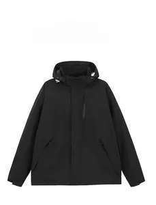 Detail of waterproof black hooded windbreaker featuring hidden chest zipper and adjustable hood