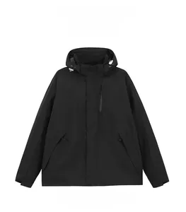 Flat lay of a black outdoor windbreaker jacket featuring adjustable hood and zip pockets