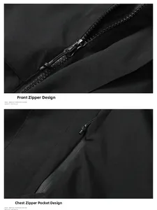 Detail of waterproof front zipper and bonded chest pocket on black outdoor jacket