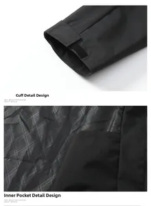 Detail of adjustable velcro cuffs and inner pocket with plaid lining on black jacket