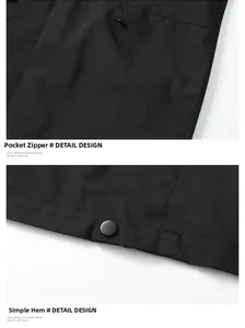 Detail view of water-resistant jacket showing zipper pockets and metal button hem