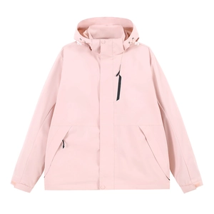 Pink waterproof outdoor jacket for hiking featuring adjustable hood and zip pockets