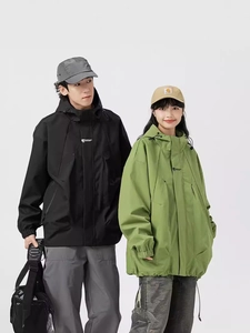 Men's loose hooded outdoor jacket in black and olive green colors for hiking and leisure
