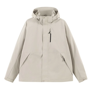 Outdoor hooded windbreaker jacket in beige with functional pockets and adjustable hood