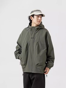 Olive green hooded windbreaker jacket for men with utility pockets and drawstring hem