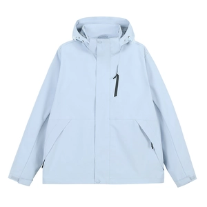 Men's light blue hooded windbreaker with adjustable cuffs for outdoor hiking