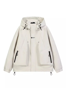 Men's loose hooded windbreaker jacket in beige with functional pockets and contrast zippers