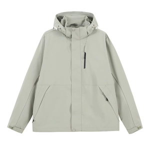 Light grey green outdoor hooded windbreaker with multi-pockets for hiking and casual sports