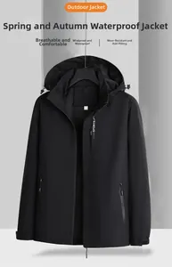 Détail de veste coupe-vent imperméable avec logo SPORTS et étiquette taille L sur noir