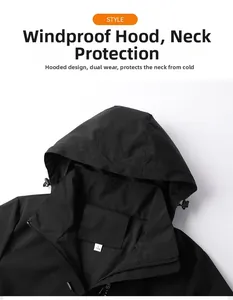 Détail de la veste imperméable avec capuche coupe-vent et cordons de serrage ajustables