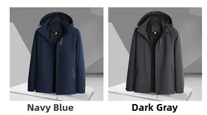 Détails des vestes d'extérieur bleu marine et gris foncé avec capuche et fermetures éclair