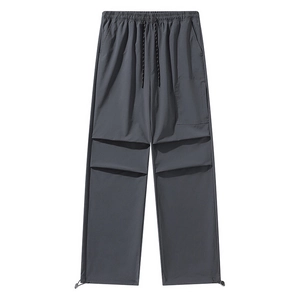 Men's loose dark gray quick-dry ice silk sport pants with drawstring and pleated knees