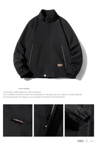 Detail view of black casual jacket featuring high-quality zipper, elastic cuffs and brand tag