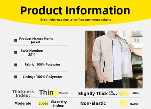 Detailed size chart for men's beige casual jacket with 100% polyester fabric specs