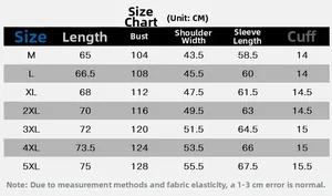 Size guide for men's casual jacket showing length, bust, shoulder, and sleeve measurements