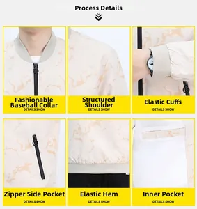 Detailed views of men's bomber jacket with marble pattern, elastic cuffs and zipper pockets