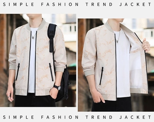 Detail view of men's casual printed jacket showing the metal zipper and inner pocket