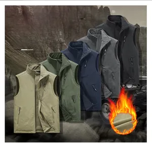 Detail view of double-sided fleece vests in four colors with zipper pockets and warm lining