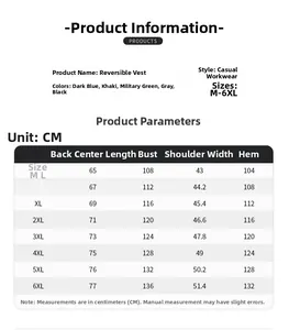 Detailed size chart for men's reversible fleece vest from size M to 6XL with measurements