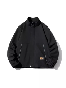 Men's stylish black casual windbreaker jacket with reflective stripes and stand collar