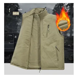 Close-up of khaki winter vest featuring fleece lining and multi-pocket design