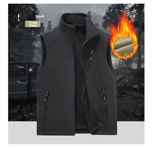 Detail of men's black fleece vest with high collar zipper and triple pockets design