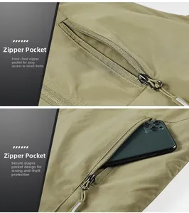 Detail of khaki men's vest showing secure zipper chest pocket with reflective cord
