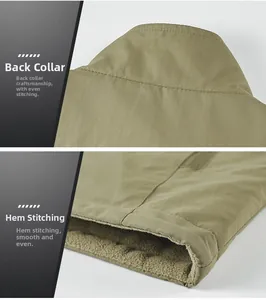 Detail view of khaki green fleece vest showing high-quality stitching on collar and hem