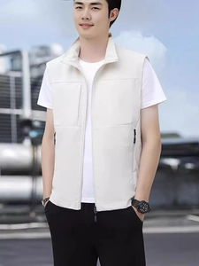 Men's casual outdoor vest with stand collar and zipper pockets in cream white