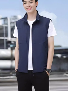 Men's navy blue outdoor vest with stand collar and zipper pockets for fishing and photography