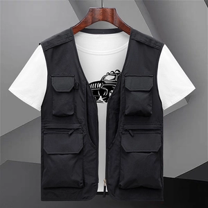 Gilet cargo nero da uomo con tasche multiple e scollo a V per la pesca e la fotografia outdoor