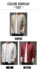 Detail showing khaki, beige, and red casual baseball collar jackets for men