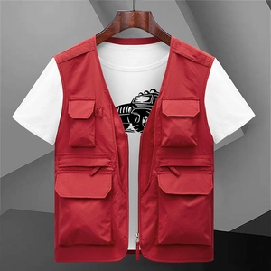 Gilet cargo rosso da uomo con tasche multiple e scollo a V per pesca e fotografia