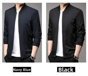 Detail view of men's casual bomber jackets in navy and black with ribbed cuffs