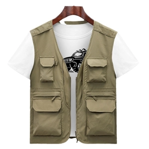 Gilet multitasche da uomo color kaki con cerniera per pesca e fotografia all'aperto