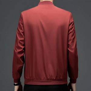 Men's dark red baseball collar bomber jacket with ribbed trim and smooth fabric