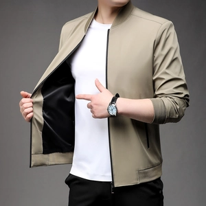 Men's light khaki baseball collar jacket with ribbed trim for casual business spring wear