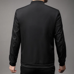 Classic black men's jacket with baseball collar and ribbed cuffs, view from the back
