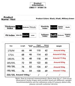 Detailed size chart for men's outdoor jacket showing length, bust, and sleeve measurements