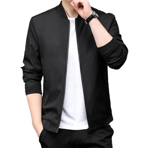 Classic black bomber jacket for men featuring a ribbed collar and casual spring style