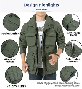 Detail view of military green outdoor jacket with detachable sleeves and utility pockets