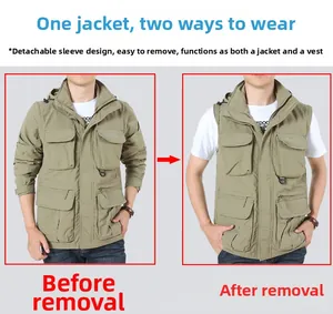 Detail of khaki tactical jacket showing detachable sleeves and multi-pocket functional design
