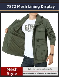 Detail of army green outdoor jacket with 9 pockets, mesh lining and detachable sleeves
