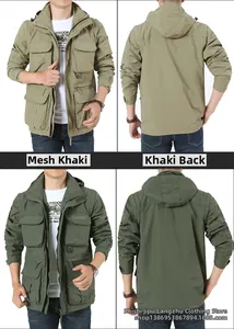 Multi-pocket outdoor jacket detail showing khaki and army green colors with zip pockets