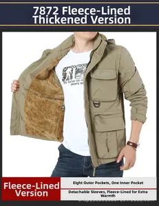 Detail of khaki outdoor jacket with removable zip-off sleeves and warm fleece lining