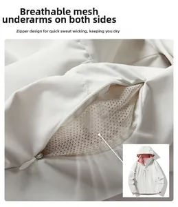 Detail of outdoor functional jacket featuring underarm breathable mesh and hidden zipper