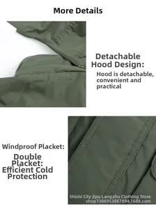 Detail of army green functional jacket with detachable hood and windproof double placket