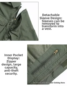 Detail of outdoor jacket with detachable sleeves and inner mesh pocket for ventilation